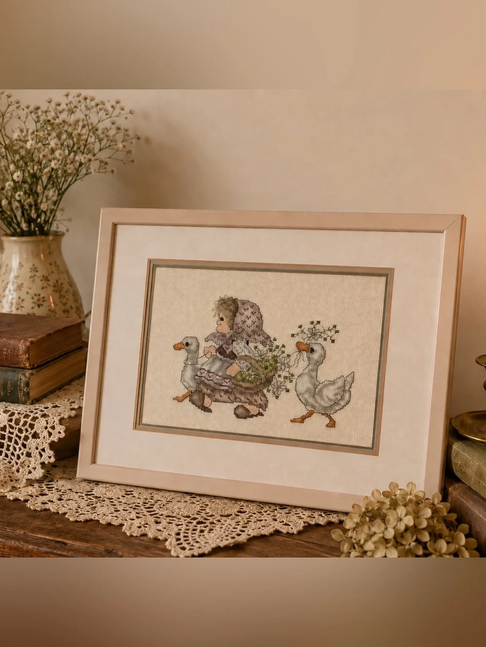 Vintage Cottagecore Goose Cross Stitch Framed Wall Art Grandmillenial Prairie